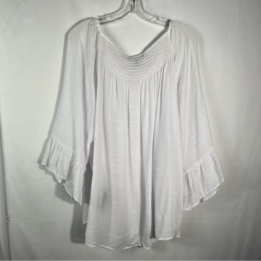 Zac & Rachel Women’s White Lightweight Gauze Smocked Neck Ruffle Sleeve Blouse - Picture 2 of 5